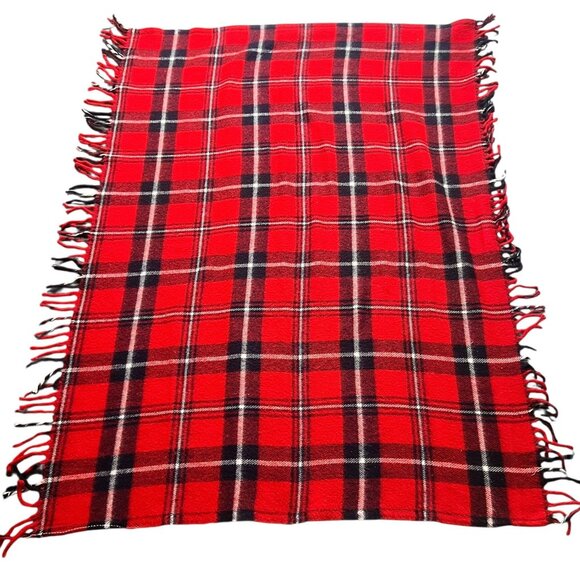 Faribo Faribault Woolen Mill Co Throw Blanket Red White Black Plaid Fleece - Picture 1 of 2